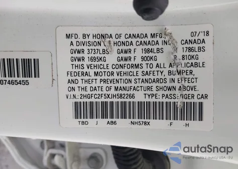 2018 Honda Civic Lx из США, поврежденный, VIN 2HGFC2F5XJH582266